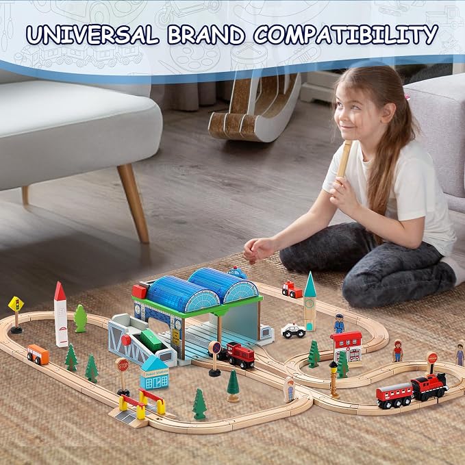 SainSmart Jr. Wooden Train Track Accessories - Premium Train Station with Double-Track Tracks and Conveyor Belt Fit for All Major Brands, Ideal Gift for Aged 3+