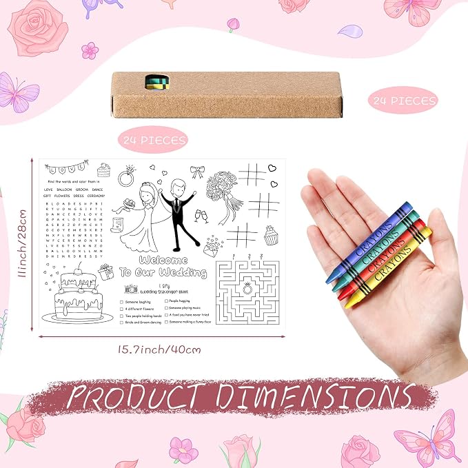 Pasimy 24 Set Wedding Activity for Kids Including 24 Pcs Wedding Coloring Placemats Books Sheets and 24 Pcs Coloring Crayons Individually Packaged for Reception Guest Party Favors, 15.7''x11''