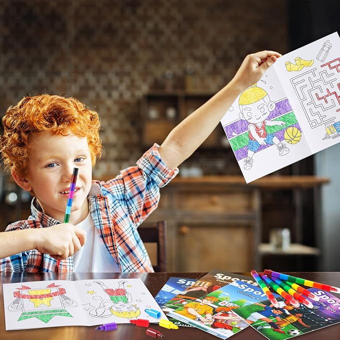 BenLouis 24 Pcs Sports Mini Coloring Books Kids Football Basketball Soccer Baseball Party Favors Small Activity Books Bulk for Kids Sports Birthday Goodie Bags Stuffers Return Gifts Classroom Travel