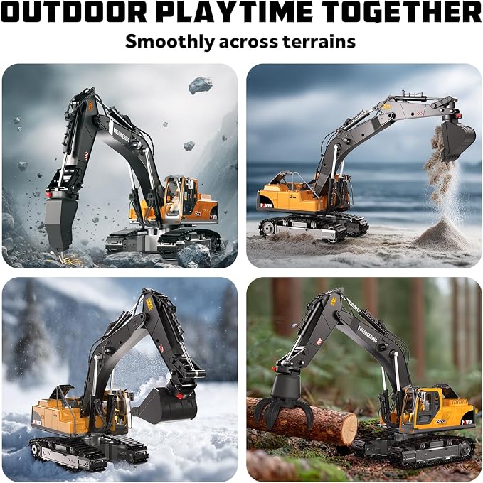 Remote Control Excavator Toys, 3-in-1 Metal Bucket/Claw/Drill, Turns 680° - Construction Toys with Lights/2 Recharge Batteries/Music, Christmas Birthday Gifts Mini RC Excavator Toys Boys for 3+