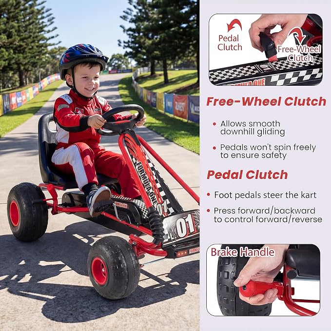 Costzon Pedal Go Kart, 4 Wheel Ride on Toy Pedal Car with Adjustable Seat, Forward/Backward & Handbrake, Outdoor Bicycle Go Cart with Wear-Resistant Wheels, Gift for Boys and Girls (Red)