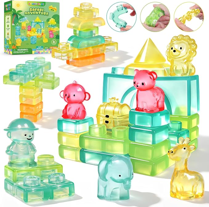 Gummy Bloc Safari Adventure Sensory Soft Building Blocks for Toddlers, 52 PCS Montessori Squishy Stacking Toy Set, Jungle Animal Theme Squeeze Blocks , Non-Toxic STEM Preschool Gift for Boys Girls