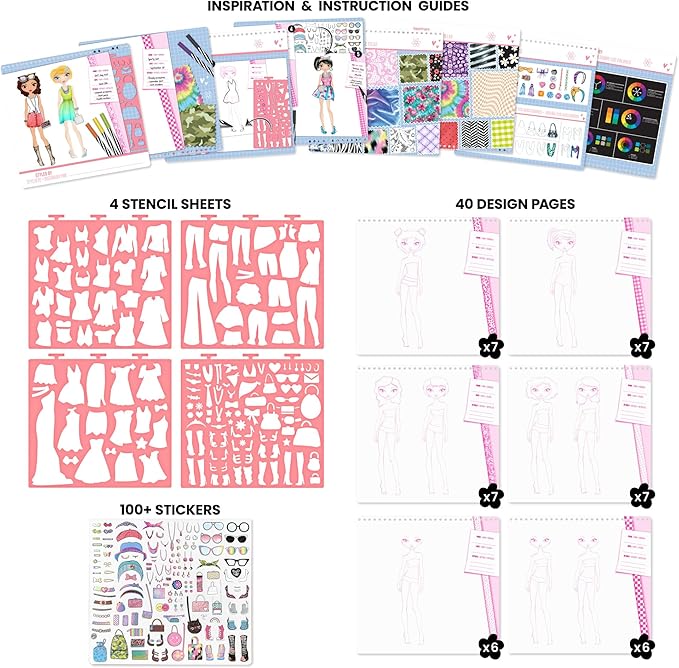 Fashion Angels Fashionista Design Sketch Book Set, Includes Sketch Pad with Stencils, Stickers & Instructions for Inspiration, Ideal Drawing Kit for Kids