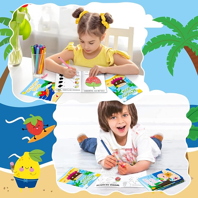 Summer Activity Books for Kids - 48Pcs Coloring Fruits Books Set Bulk Summer Tropical Search Mazes Word Scramble Games Mini Books for Party Goodie Bags Stuffers School Classroom Favors