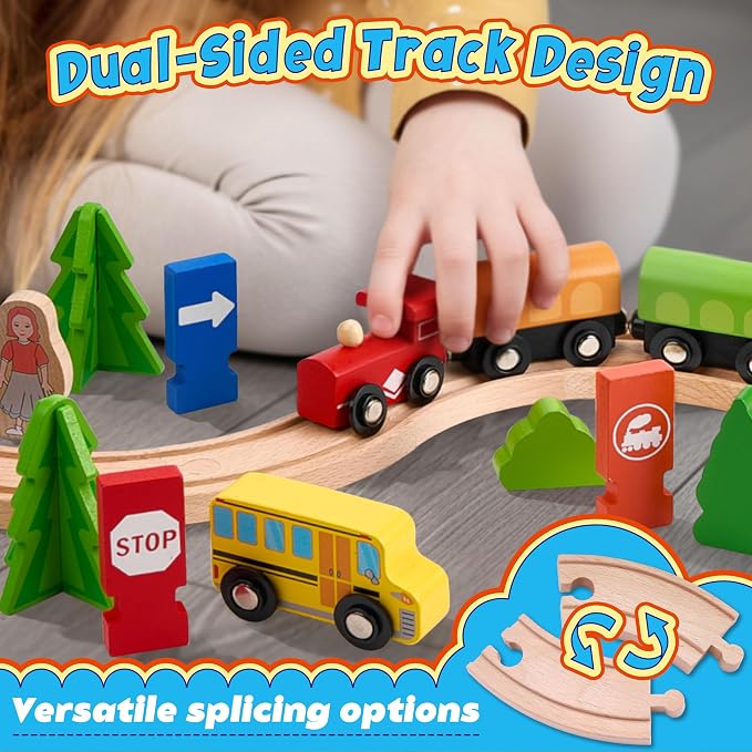Wooden Train Set 175-Piece for Toddlers Kids Ages 3-8, Double-Sided Expandable Train Track with Puzzles & Magnetic Fishing Toys Compatible with Major Brands, STEM Railway Playset Gifts for Boys Girls