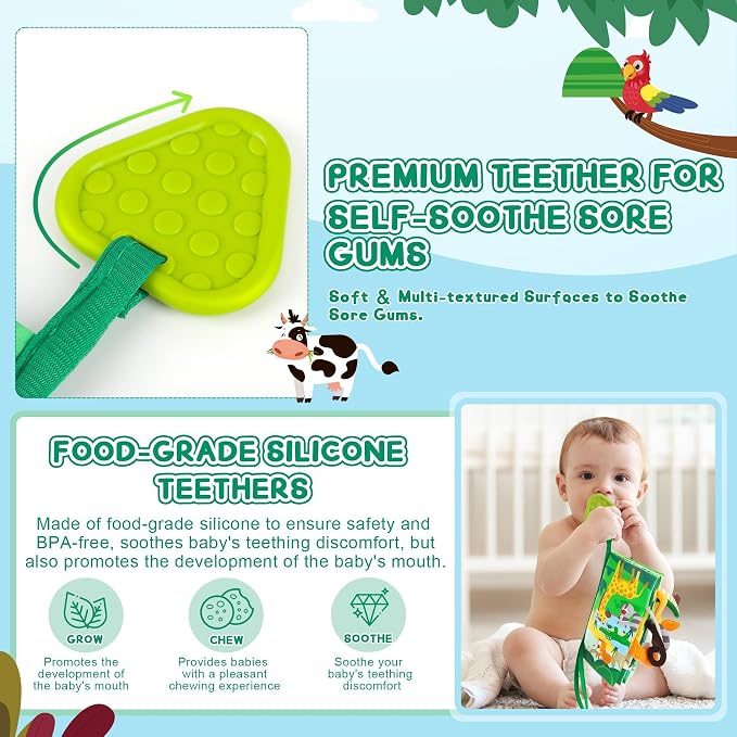 BBWOO Soft Baby Book Toy - Newborn Boy Girl Shower Gift - Tummy Time Toy for Infant 0-6 6-12 Months - Touch and Feel Sensory Crinkle Book with Teether - Baby Boy Girl Gift