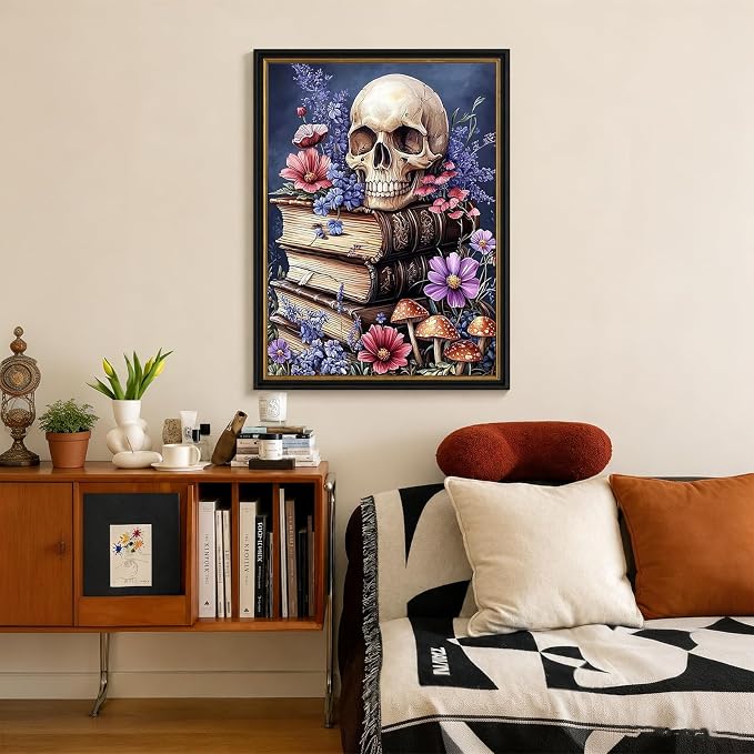CHWGLFGG 5D Full Round Drill Diamond Painting Kit for Adults, Vintage Skull Old Books Wild Flower Mushroom Diamond Art Canvas, DIY Paint by Diamonds Dot Gem Craft 12x16 Inch for Home Wall Decor