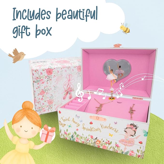 The Memory Building Co Ballerina Musical Jewelry Box Plays Classic Melody, Storage Organizer Music Box for Kids Ages 6-12, MDF Wood w/ 2 Fabric Lined Ring Bracelet Necklace Treasure Compartments