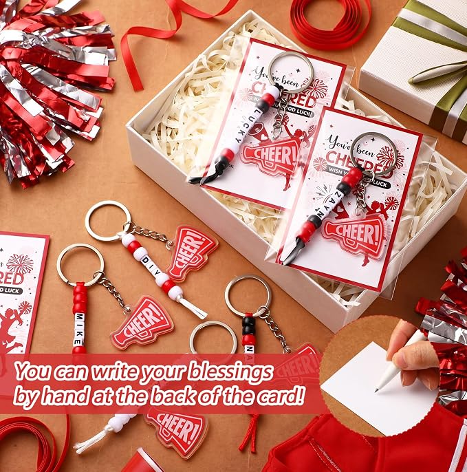 Suncalla 996 Pcs 24 Set Cheer Keychain Making Kit DIY Key Chain Crafts Cheerleader Gifts Cheerleading Bag Charms Adjustable Letter Beads Cards Strings Red Kit for Backpack Team Gift Sport Accessory