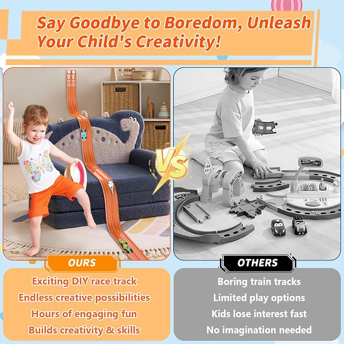 20Ft Flexible Race Track, Slot Car Race Track Set for Kids Ages 3+,Dual Racing Game 2 High-Speed Cars 1/64 Scale, w/8 Suction Cups,4 Alloy Cars– Ideal Easter Birthday Gift for Boys & Girls (Orange)