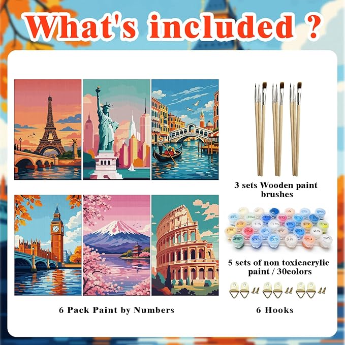 FLUXOJOY 6 Pack Painting by Number Kits for Adult, DIY Canvas Color Painting Kit for Kids or Beginner with Paint Brushes Acrylic Pigment Drawing Paintwork 20x30cm Without Frame (City Landmark-6 Pack)