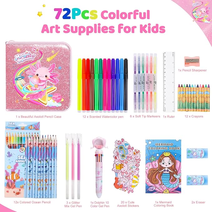 MAIGOZON Axolotl Gifts for Girls - 72 PCS Scented Markers Art Set for Kids Ages 4-8, Coloring Kit with Glitter Case, Mermaid Coloring Book & Quick-Dry Gel Pens, Birthday Christmas Gift