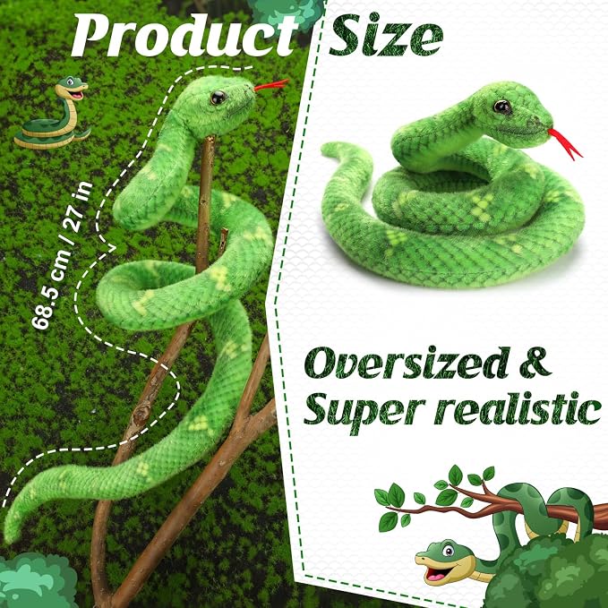 27in Snake Plush, Stuffed Snake Animal, Small Toy Snakes for Kids, Giant Stuffed Animals, Lifelike Plush Snake for Birthday Present Party Prank Prop (Green)