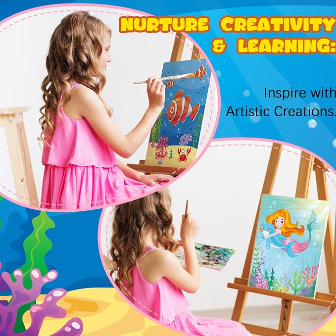 Ireer 12 Set Paint Party Set 8 x 10 Sip and Paint Kit Include 12 Printed Pre Drawn Canvas Panel, Wooden Easels, Palettes, Pots, Apron 36 Brushes for Adult Art DIY Party(Mermaid)
