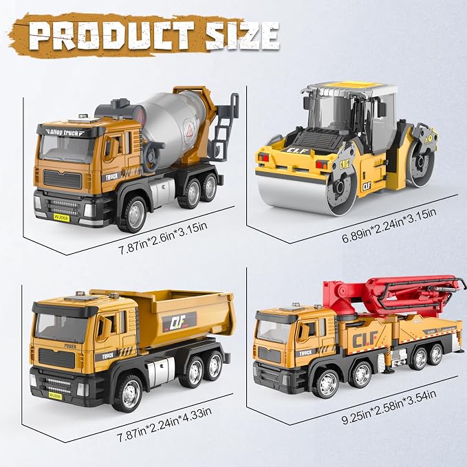4-Pack Die-Cast Construction Vehicle Set, 1:50 Dump Truck, Road Roller, Cement Mixer & Concrete Pump Truck, Realistic Functional Toys for Kids 3-9