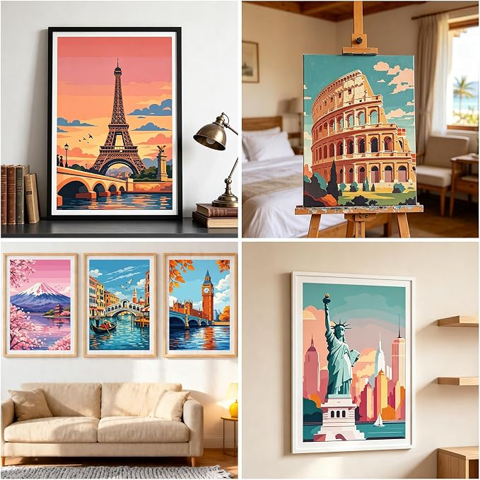 FLUXOJOY 6 Pack Painting by Number Kits for Adult, DIY Canvas Color Painting Kit for Kids or Beginner with Paint Brushes Acrylic Pigment Drawing Paintwork 20x30cm Without Frame (City Landmark-6 Pack)