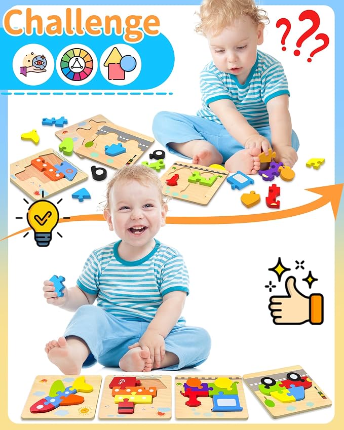 Wooden Puzzles Toddler Toys for Boys Girls, 4 Vehicle Shape Learning Educational Blocks Birthday Gifts Sensory Toy Montessori Toys