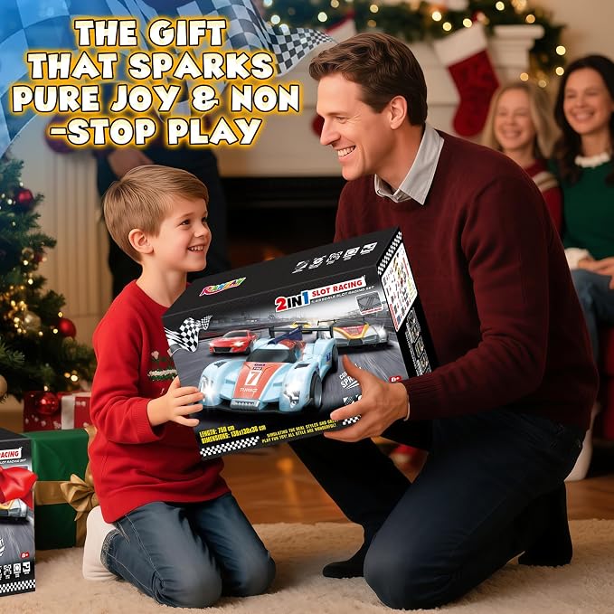 Slot Car Race Track Sets,2 in 1 Race Car Track with 4 High-Speed Slot Cars，Gift Toy for Boys Kids Ages 5 6 7 8-12,Dual Power (Source) Cars Track,Dual Racing Game Lap Counter Circular Overpass Track