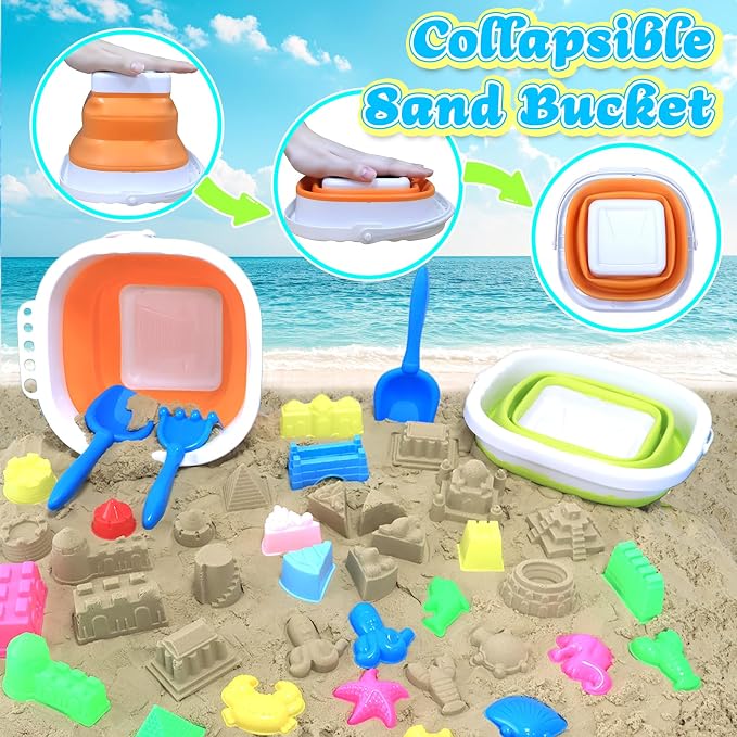 Collapsible Beach Toys for Kids, 38Pcs Sand Toys, 3 Foldable Buckets and Shovels Set with Mesh Bag，Sand Castle Building Kit, Travel Sandbox Toys, Beach Essentials for Kids Toddlers Boys Girls Age 3-10