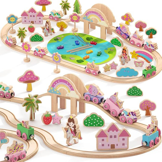 Hot Bee 110PCS Wooden Train Set, Toy Train Track Set for Toddlers Girls 2-4, Pink Wood Train Track with Fairies & Unicorns, Girl Train Set Birthday Gifts for 2 3 4 5 6 7 Year Old
