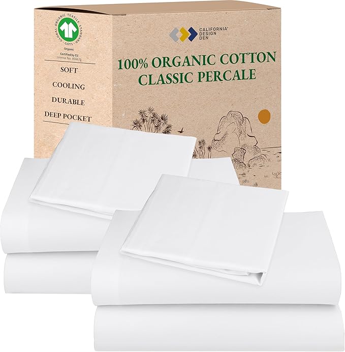 California Design Den Pack of 2 Twin Sheets Set - 100% Organic Cotton, Crisp and Breathable Percale Feel, Deep Pocket White Bed Sheets, Lightweight Bedding Set - White