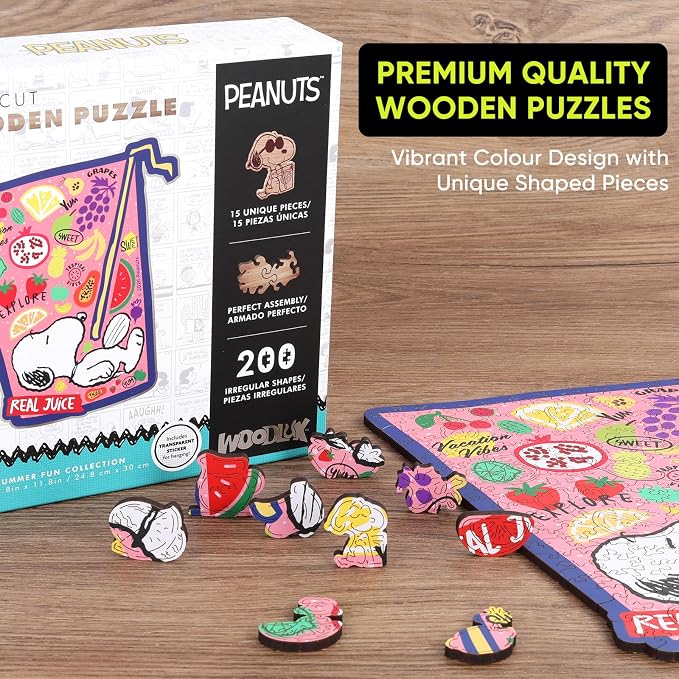 Peanuts Snoopy Puzzles for Adults – Wooden Jigsaw Puzzles, 200 Pieces Unique Shaped Wooden Puzzle, Relax Family Game, 5MM Thick, Officially Licensed Merchandise – Real Juice, 11.8" x 9.8"
