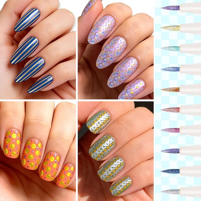 12 Colors Metallic Nail Art Pens Set, 0.5mm Nail Polish Pens Acrylic Paint Markers for Nails, Quick-Drying Glitter Nail Polish Pens for 3D Drawing, DIY Manicure Tools for Home & Salon
