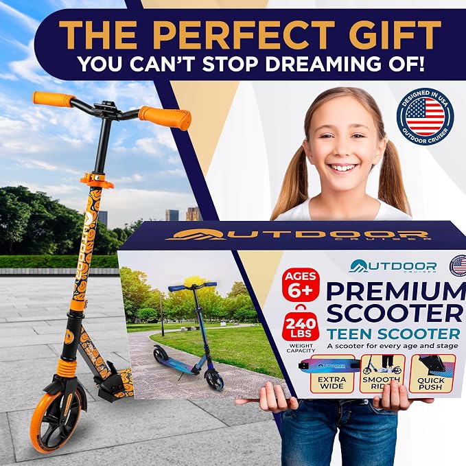 Outdoor Cruiser Kick Scooter for Ages 6+, for Kids, Teens, and Adults, Max Load 250 LBS, Foldable, 8-inch Big Wheels, Dual Suspension, 3 Adjustable Levels, Child Safety Approved, Orange