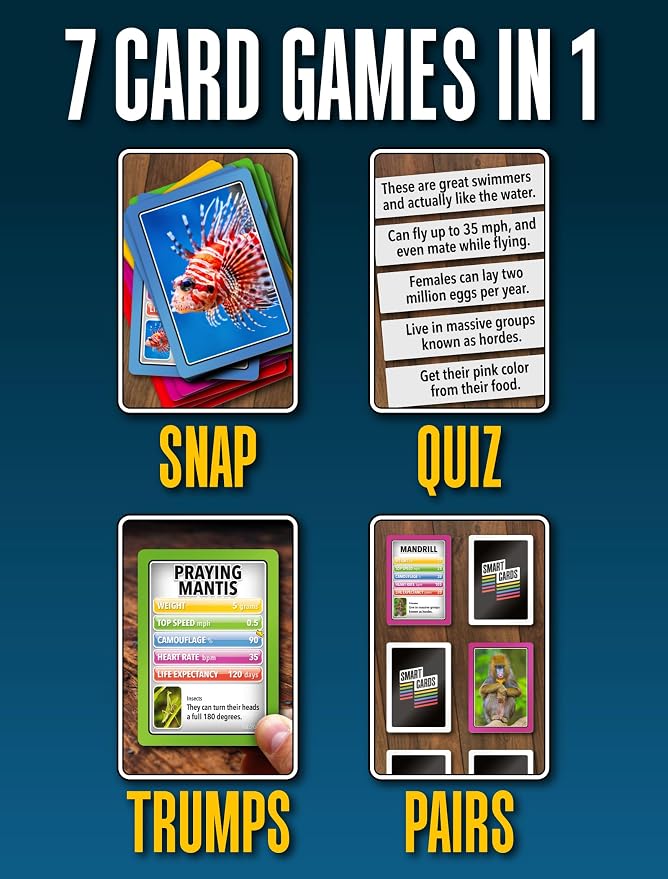 SMART Cards Animals, Gift, Stocking Stuffer, Travel Card Game, 100 Cards of Animals, 7 Games in 1, Pairs, Snap, Trumps, Rummy, Quiz, Facinating Facts, Age 5+, 1-8 Players