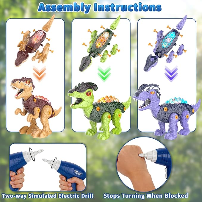 Take Apart Dinosaur Toys for Kids 3-5, Walking Dinosaurs with Spray, Lights & Electric Drill, STEM Educational Construction Building Toy, Christmas Birthday Gift for 3 4 5 6 7 8 Year Old Boys
