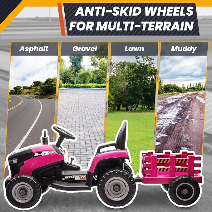 JOYRACER 24V Ride On Tractor for Kids, Electric Ride on Toys w/400W Motors, Tiltable & Detachable Trailer, Adjustable Seat, Bluetooth, Music, Remote Control Electric Tractor for Kids, Pink
