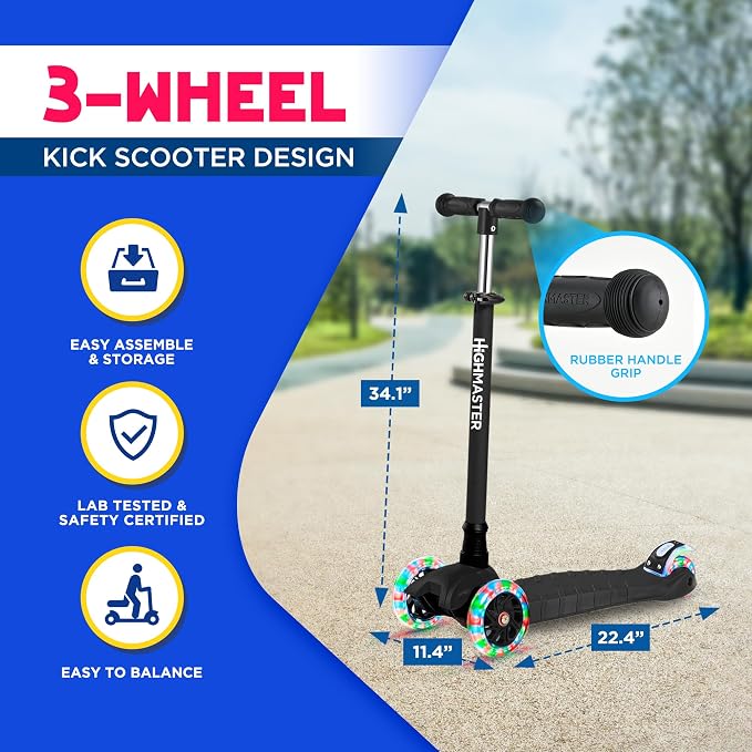 HighMaster Kids Scooter – 3 Wheel Kick Scooter for Children and Toddlers – Adjustable Handlebar with LED Wheel Lights – Indoor and Outdoor Fun