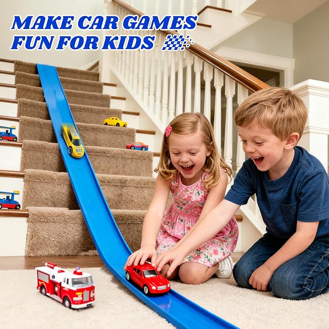 Flex Track 12 Ft Starter Set: Portable Rolls Up Race Tracks for Kids 3+ - DIY Race Car Ramp Track with Suction Cups - Flexible Race Track Compatible with Diecast 1/64th Cars - Birthday Gift for Boys