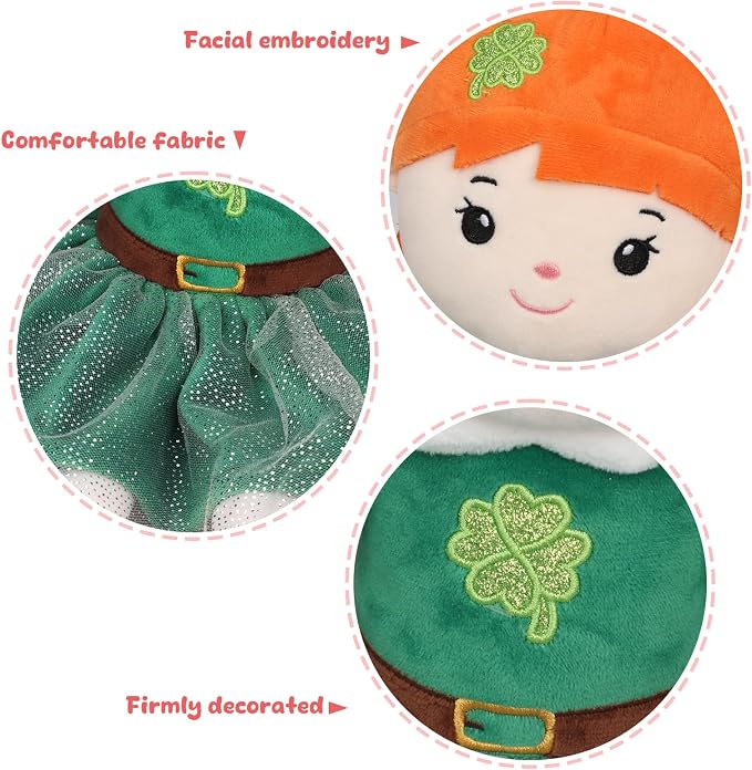 Soft Elf Plush Doll 16inch,Cute Lucky Fairy Doll First Baby Doll, Stuffed Toy with Green Dress, Ideal Gift for Toddlers Infants Kids Birthday St. Patrick's Day