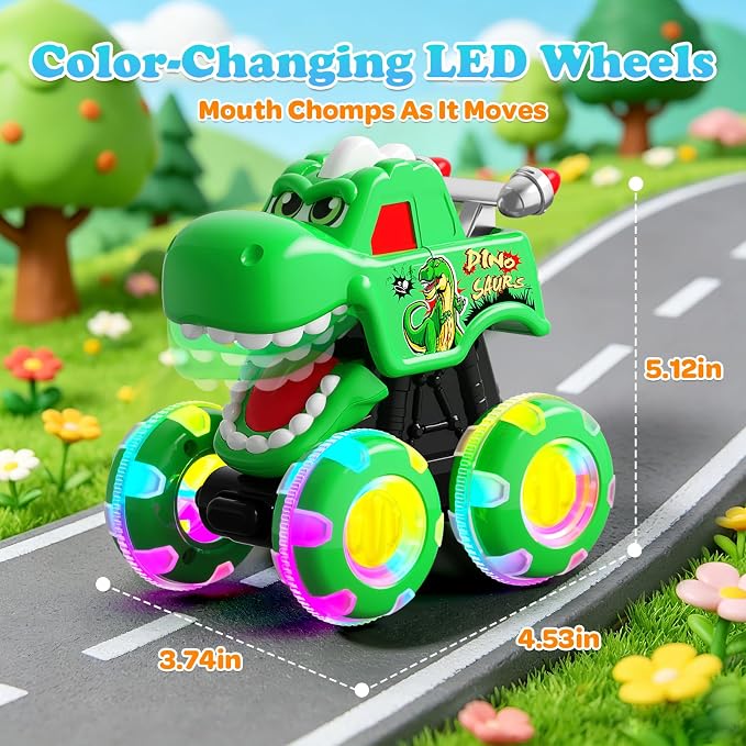 3 Pack Monster Truck Toys for Toddlers 1-3, Press & Go Cars with Flashing LED Wheels & Moving Mouth, Dinosaur Cars for 2 3 4 One Two Year Old Boy Birthday Gifts