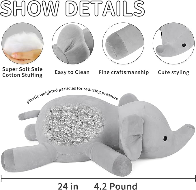 WeBingo 4.2 lbs Elephant Weighted Stuffed Animals, 24" Weighted Elephant Plush Toy Weighted Plush Animal Throws Pillows Gifts for Kids & Adults