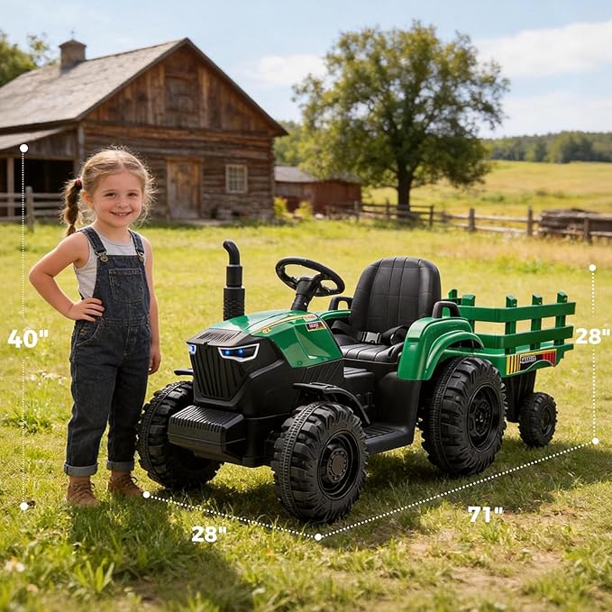 24V Kids Ride-On Tractor with Trailer, 400W Electric Farm Truck with Remote & Pedal Control, Headlights, USB MP3, Power Display, Adjustable Speeds, Safety Belt, Ride-On Toy Gift, Green
