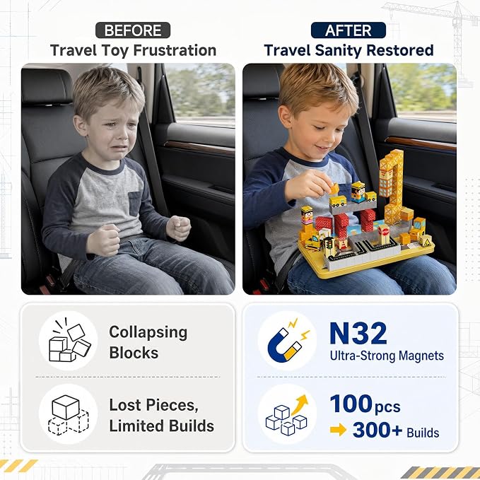 Magnetic Blocks Travel Kit: 100PCS Engineering Construction STEM Building Cubes with N32 Strong Magnets, Carry Tin Storage, Birthday Gifts for 3-8 Year Old Boys