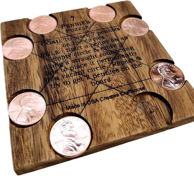 Creative Crafthouse 7 Pennies Puzzle, Wood Coin Brain Teaser, Made in USA | The real US cents are included, nothing else to buy. Slide each one in a straight line to its circle. A 3.6 inch desk gift