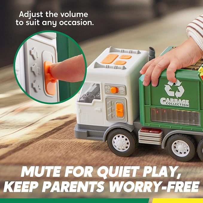 Vroomix LED Garbage Truck Toy Set Includes Dumpster, Toy Truck with Mode Switch & Volume Control, Trash Vehicle with Lights and Sounds, Automatic Bump, Birthday Gift for Boys Girls