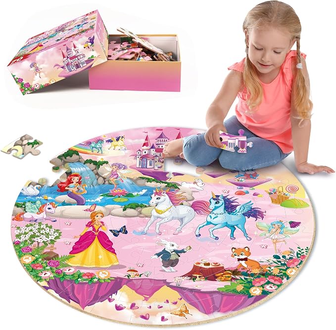 SYNARRY Unicorn Princess Mermaid Fairy Floor Puzzle for Kids Ages 3-5, Large 70 Piece Wooden Puzzle for Kids Ages 4-6, Preschool Toys Gifts for 3 4 5 6 7 8 Years Old Boys Girls Children
