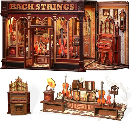 CUTEBEE Book Nook Kit - DIY Miniature House Dollhouse Kit for Adults and Teens, Music Shop Booknook Bookshelf Insert Decor, 3D Wooden Puzzle, Creative Gift for Family, Friends (Bach Strings)