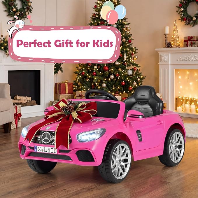 Costzon Ride On Car, 12V Licensed Mercedes Benz Electric Vehicles with Parent Remote Control, LED Headlights, Music & Wireless Connection, Kids Car for Boys Girls Aged 3-8 (SL500,Pink)