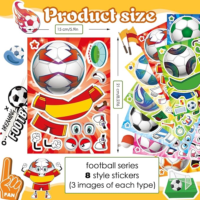 24 Sheets Soccer Stickers for Kids, Make a Face Stickers, Make Your Own Sticker, Goodie Bag Stuffers, Football Gifts, Soccer Party Favors, Classroom Teacher Reward Educational Toy Art Craft