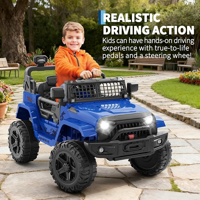 Hetoy 12V Ride on Toys with Parent Remote Control Toddler Electric Vehicle with Spring Suspension, LED Lights, Bluetooth, Music Player, 3 Speeds Ride on Car Truck for Kids Age 3-8 (Blue)