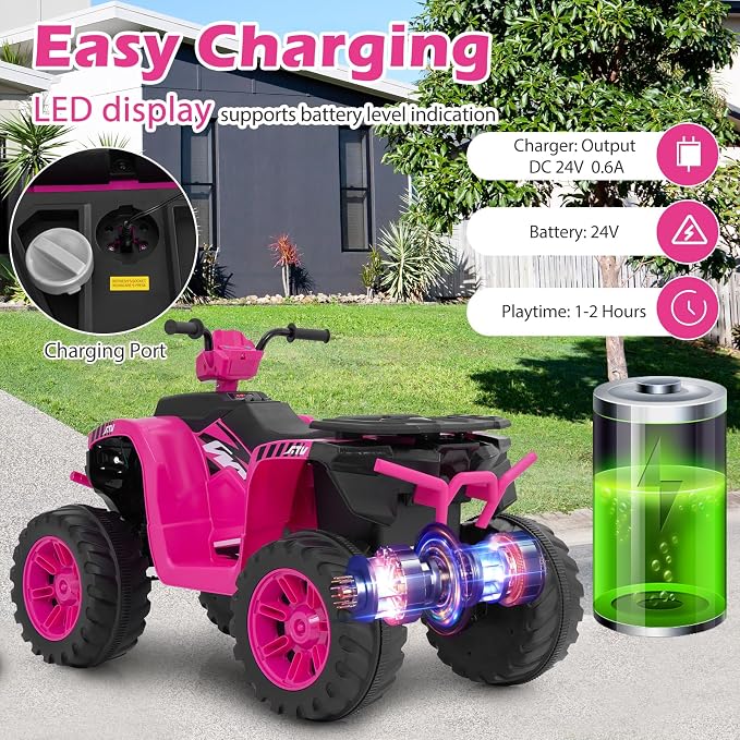 Costzon Kids ATV, 24V Four Wheeler Quad Ride on Car w/Forward/Backward, 2 Speeds, Wireless Connection, Music, Radio, LED Lights, Electric Vehicle Toddler 4 Wheeler for Kids, Boys & Girls 3-8 (Pink)