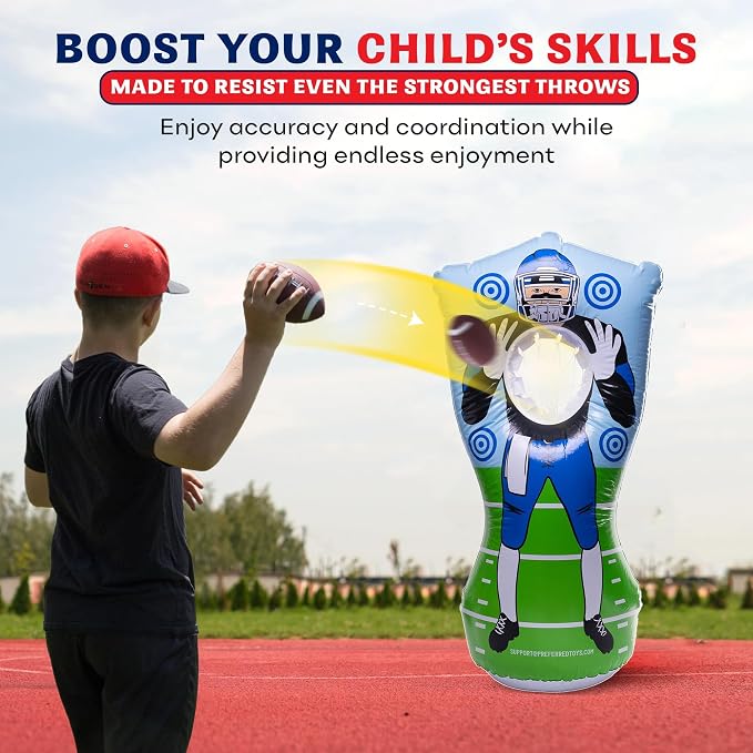 Preferred Toys 65” Inflatable Football Target Net Toss Game - Double-Sided Throwing Practice Football Stuff with Mini Balls - Backyard Tailgate Party Sports Toy for Kids & Adults