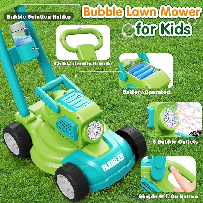 Bubble Lawn Mower for Kids,3-in-1 Bubble Machine Blower Toy Ages 3-8 Green | Automatic Bubble Blower,10 Solution Packs,Pretend Gardening Play,Push Toy for Toddlers,Summer Outdoor Gift for Boys and Girls
