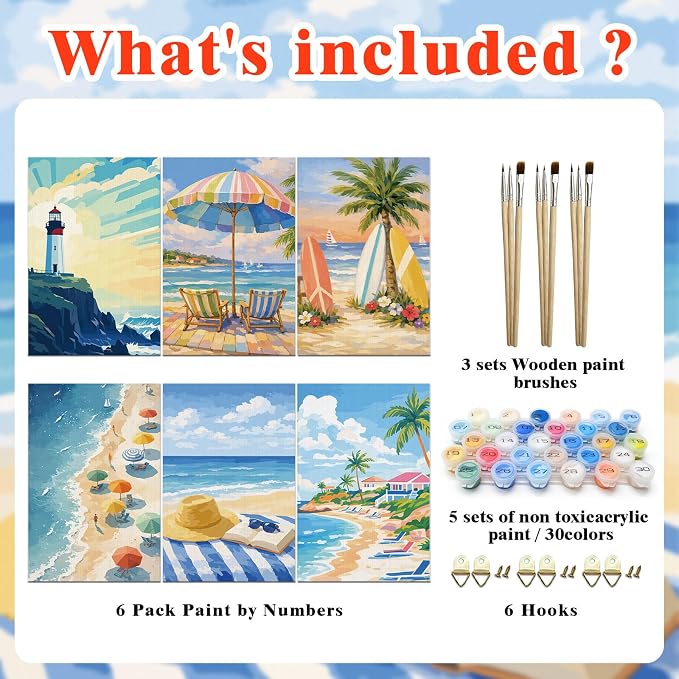 FLUXOJOY 6 Pack Painting by Number Kits for Adult, DIY Canvas Color Painting Kit for Kids or Beginner with Paint Brushes Acrylic Pigment Drawing Paintwork 20x30cm Without Frame (Sea Holiday-6 Pack)
