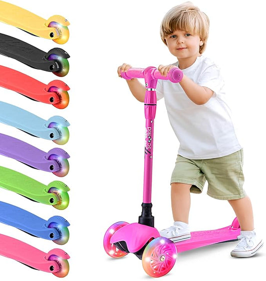 Hurtle Mini Kickboard Scooter for Kids - Height Adjustable 25''-28'', Lightweight 3-Wheel with LED Light-up Wheels, Anti-Slip,Indoor/Outdoor Fun, Micro Scooters for Ages 2-5 (Pink)